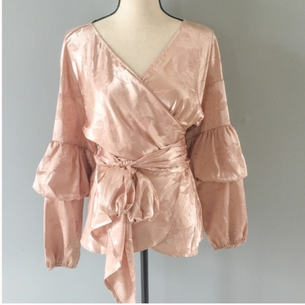 WAYF Floral Wrap Puff Bell Sleeve Top